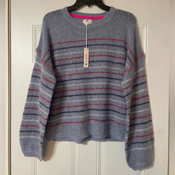 Sundry Anthropologie Cashmere and Wool Balloon Sleeve Striped Sweater Size L - Picture 3 of 9